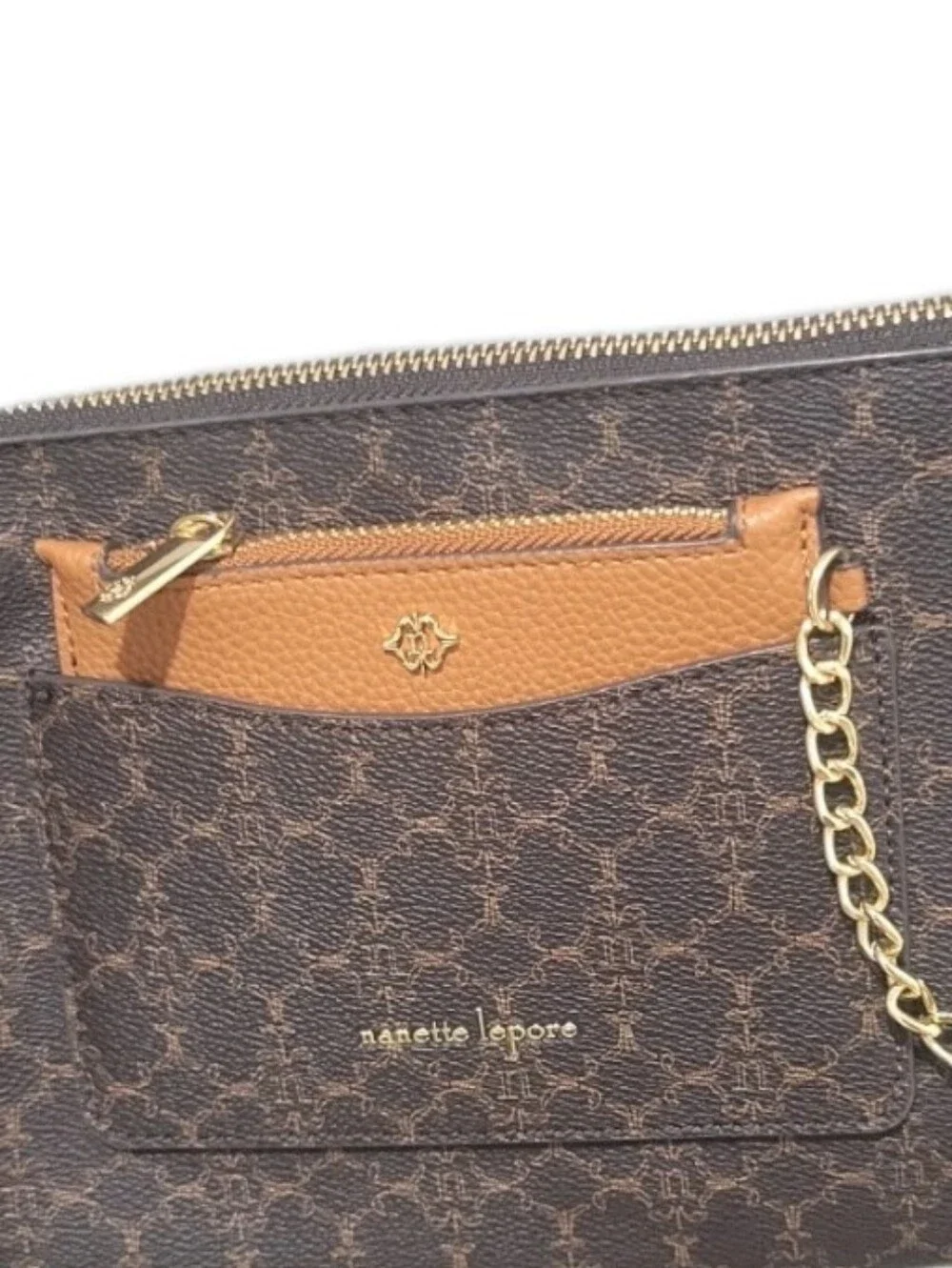 Nanette Lepore Brown and Tan Monogram Crossbody with Gold Chain Accent 10x7